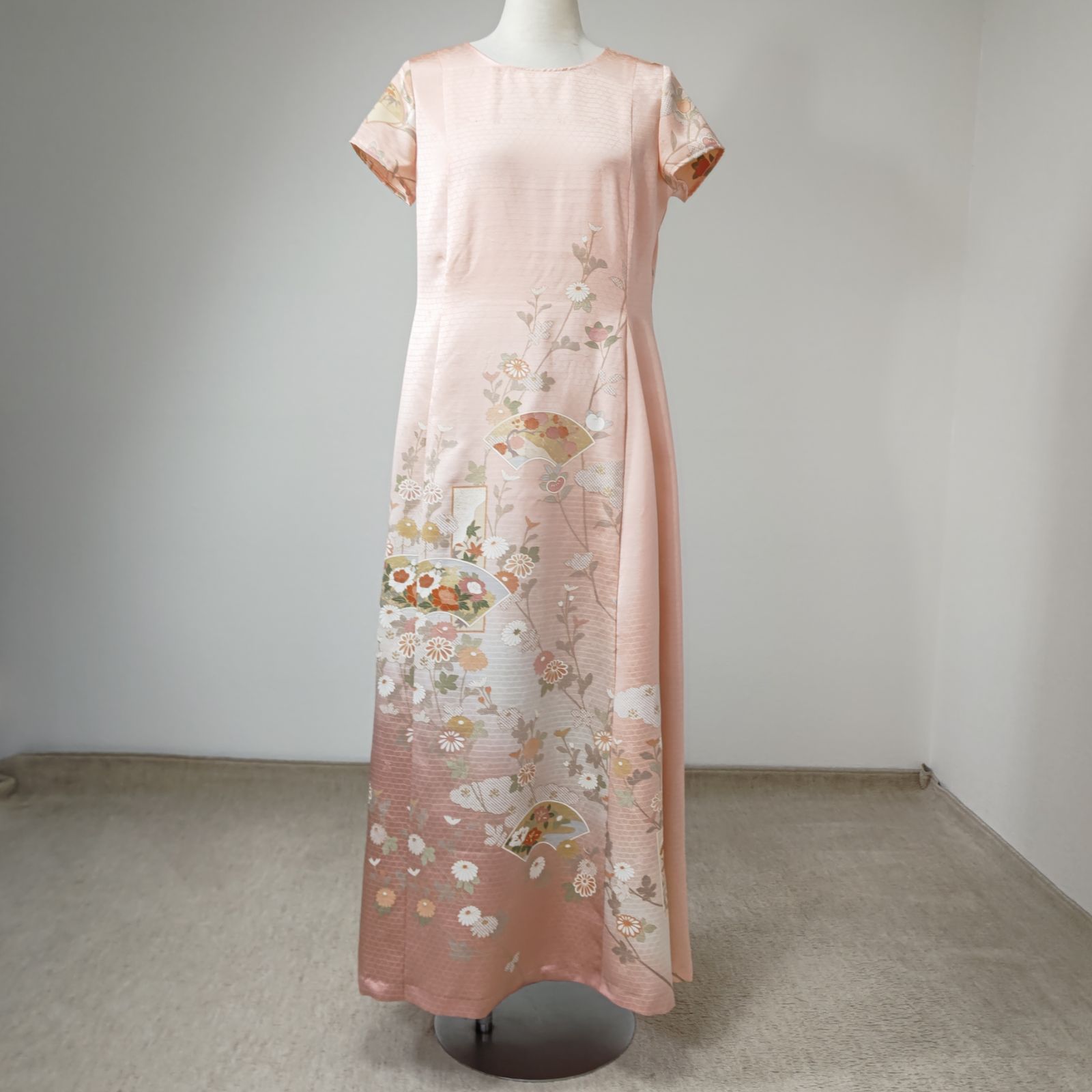 ストール付 訪問着ドレス ノースリーブ 着物リメイクワンピース ピンク zunezune 訪問着ドレス トールサイズ キャップ袖 ストール付 着物