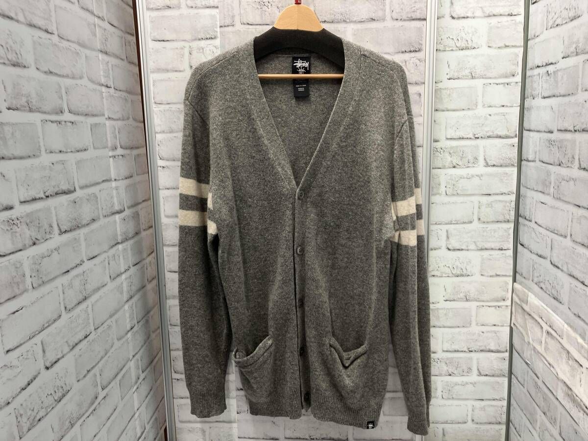 stussy ウールカーディガン XLサイズ グレー ステューシー ラムウール 袖デザイン ライン