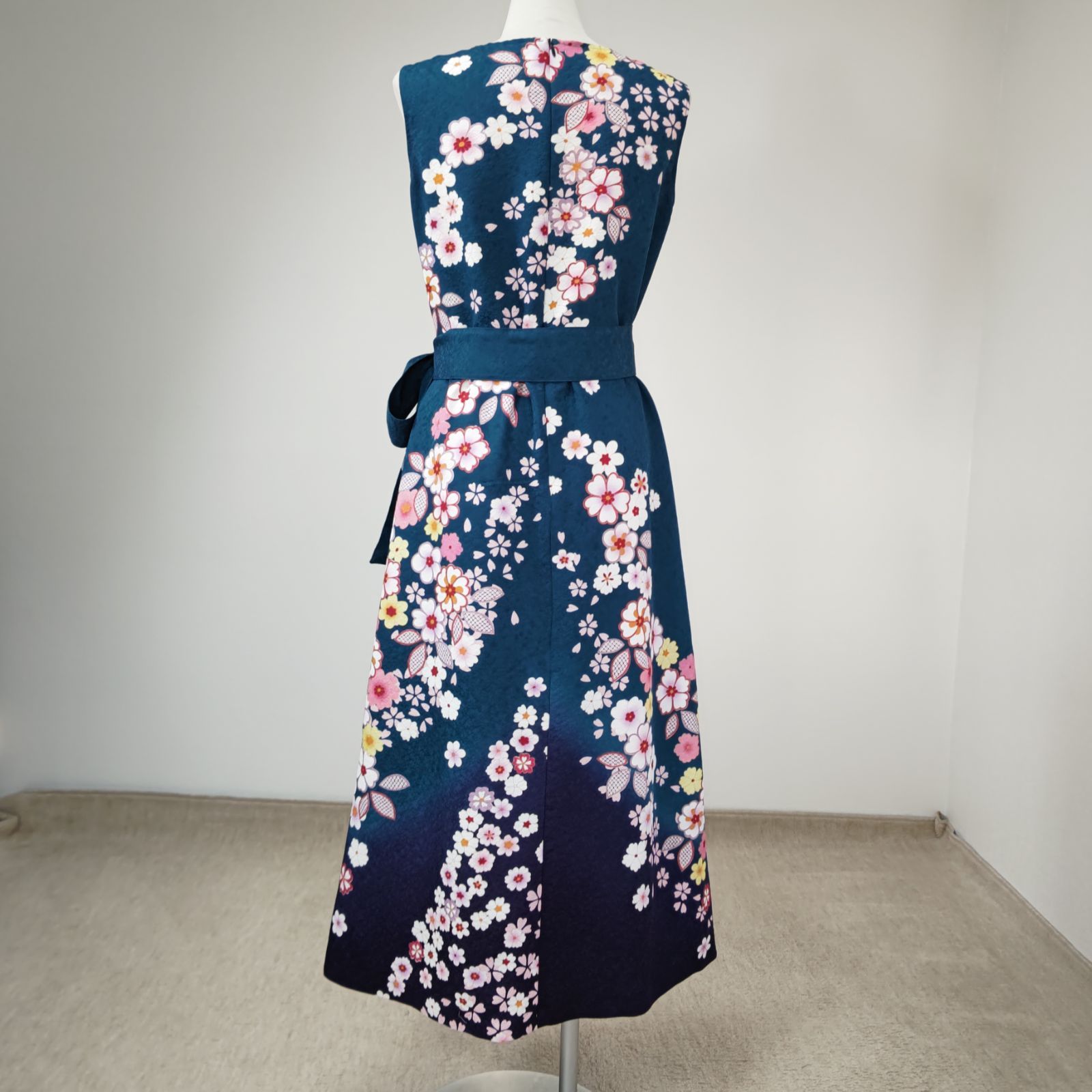 zunezune 振袖ドレス ノースリーブ 着物リメイクワンピース 青緑