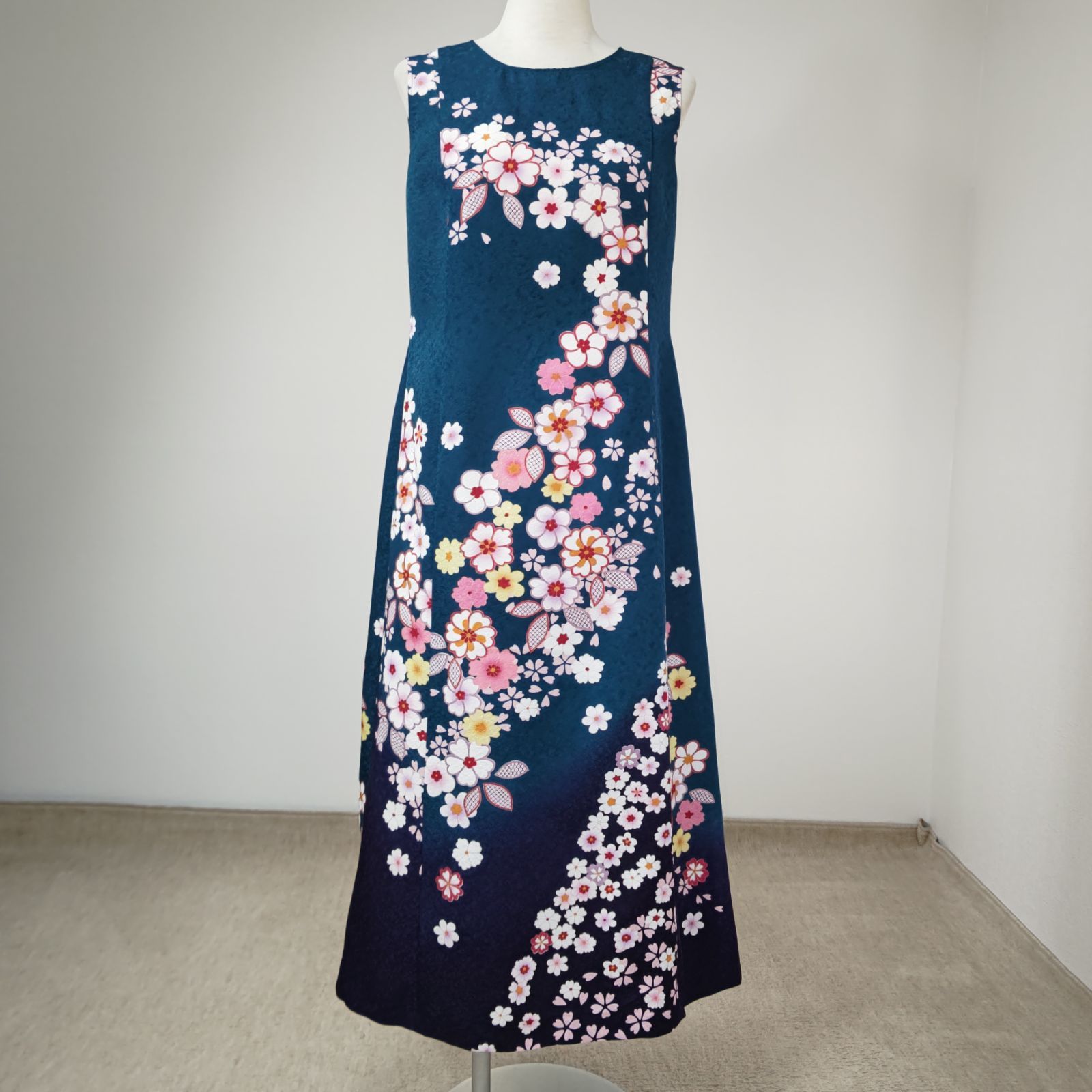 zunezune 振袖ドレス ノースリーブ 着物リメイクワンピース 青緑