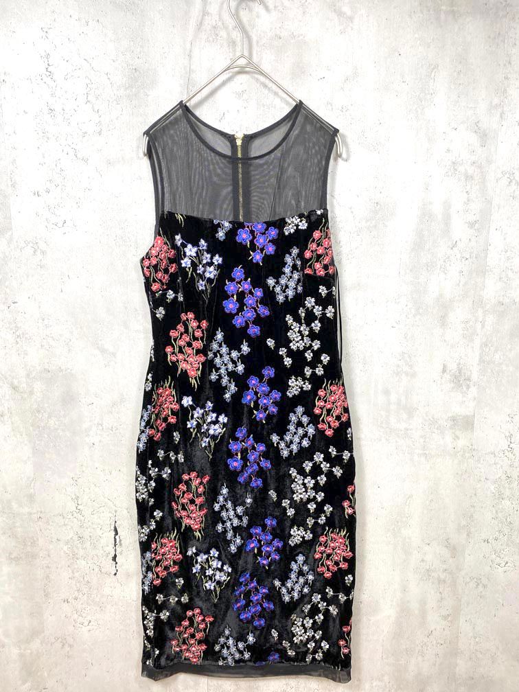 Calvin Klein カルバン クライン フローラル刺繍ベルベット素材のカクテルドレス ワンピース size 2 黒 レディース