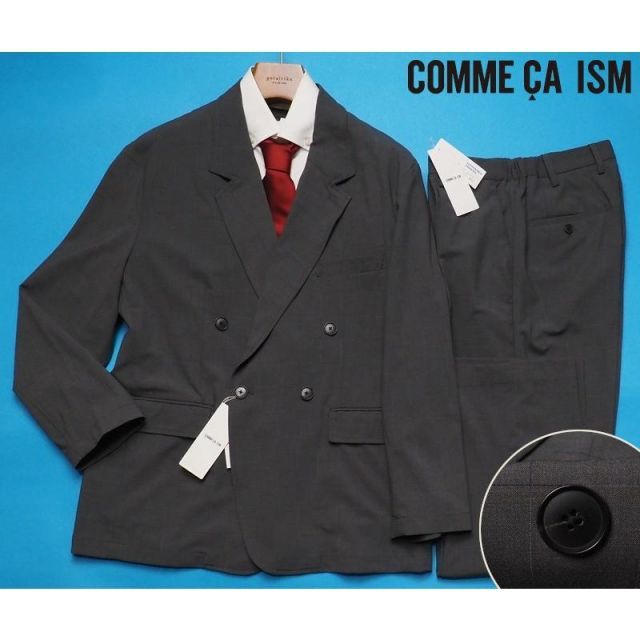 新品 COMME CA ISM コムサイズム ウォッシャブル リサイクル かすりチェック トロ ダブル セットアップ スーツM灰(04) 25JC13