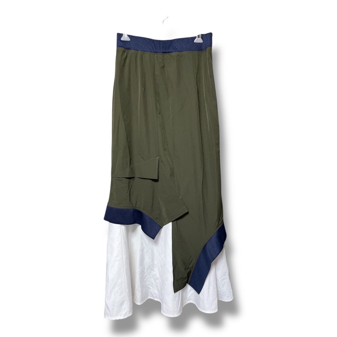 UN 3 D アンスリード レイヤードロングスカート ロングスカート ウエストゴム ストレッチ デザインスカート レディース サイズ38 カーキ×ホワイト 22 No.K 966