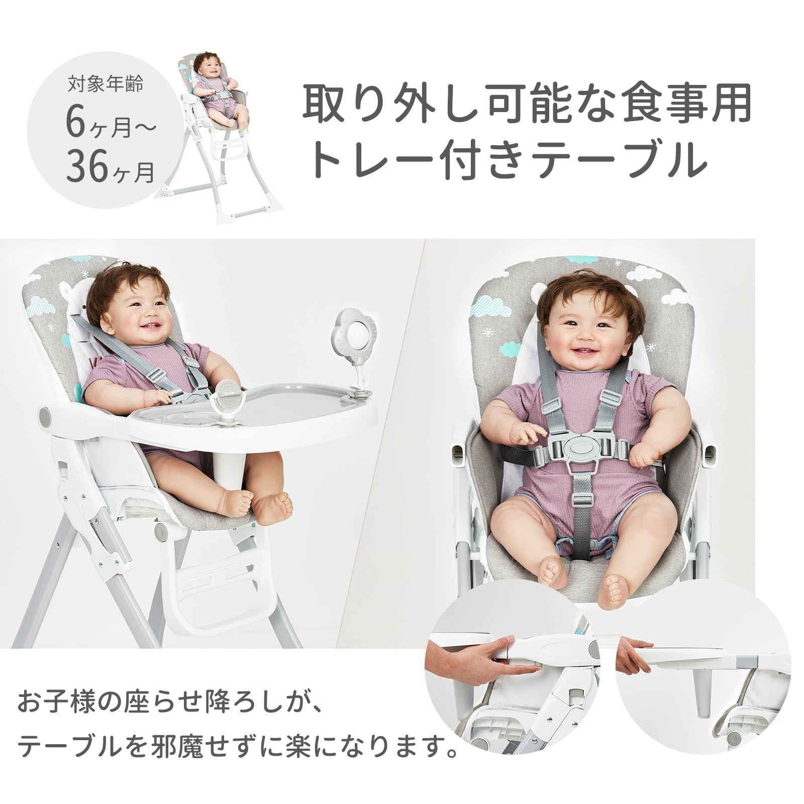 Thinkmax ベビーハイチェア 折りたたみ式で収納簡単 3段階調節 起き上がり防止のキャスター付き5点式ハーネス コンパクトなベビーフィーディングチェア 組み立て簡単 6か月から3歳までの新生児ギフトに最適 グレー