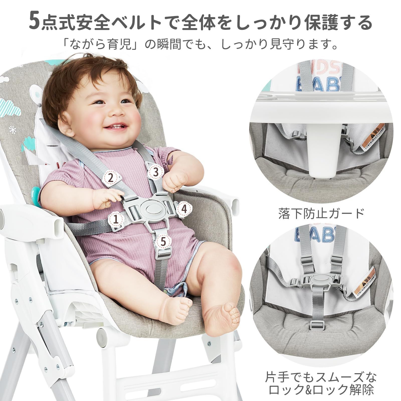 Thinkmax ベビーハイチェア、折りたたみ式で収納簡単、3段階調節可能