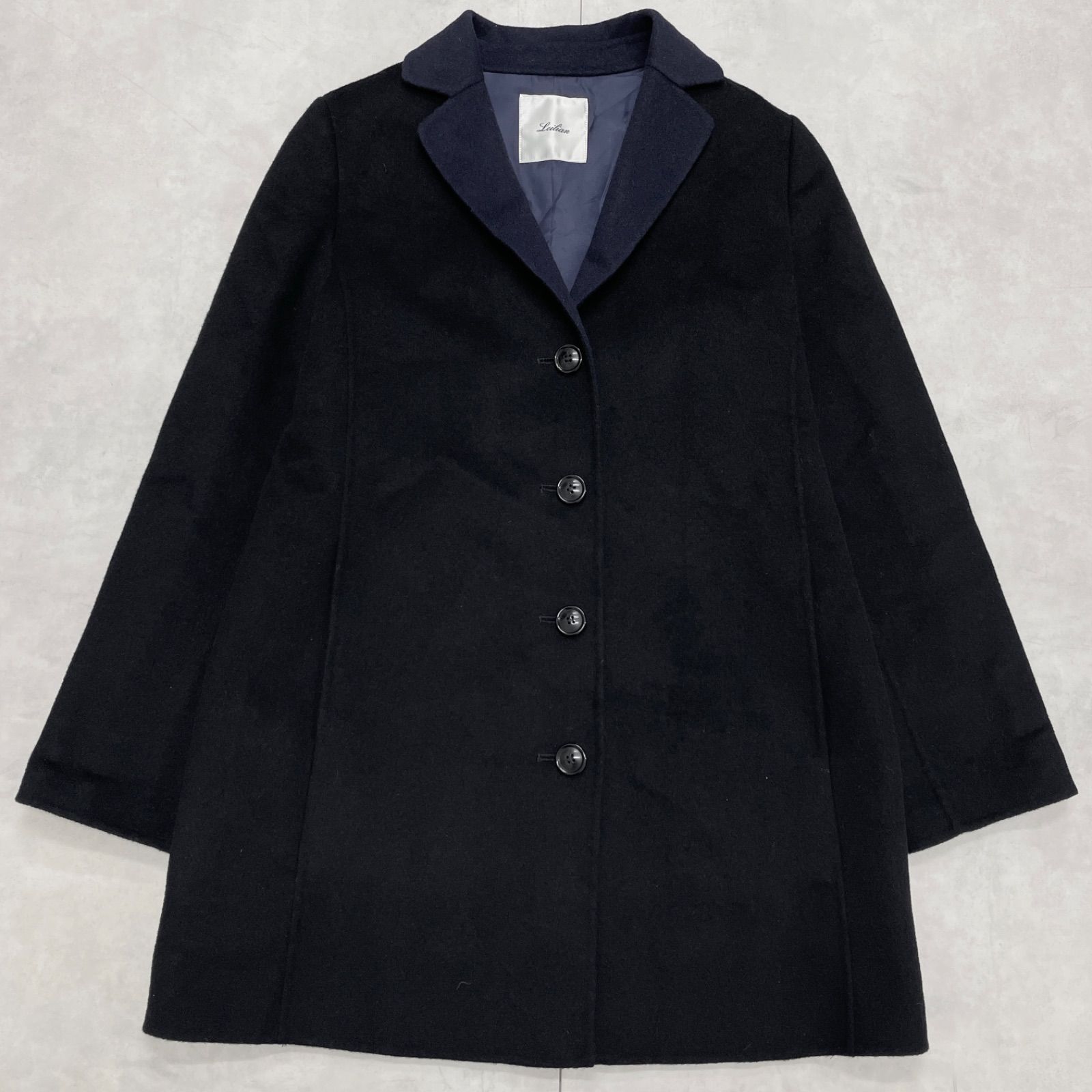 Leilian ブラック ウールピーコート Leilian レリアン コート ダブルフェイス チェスター ウール ブラック