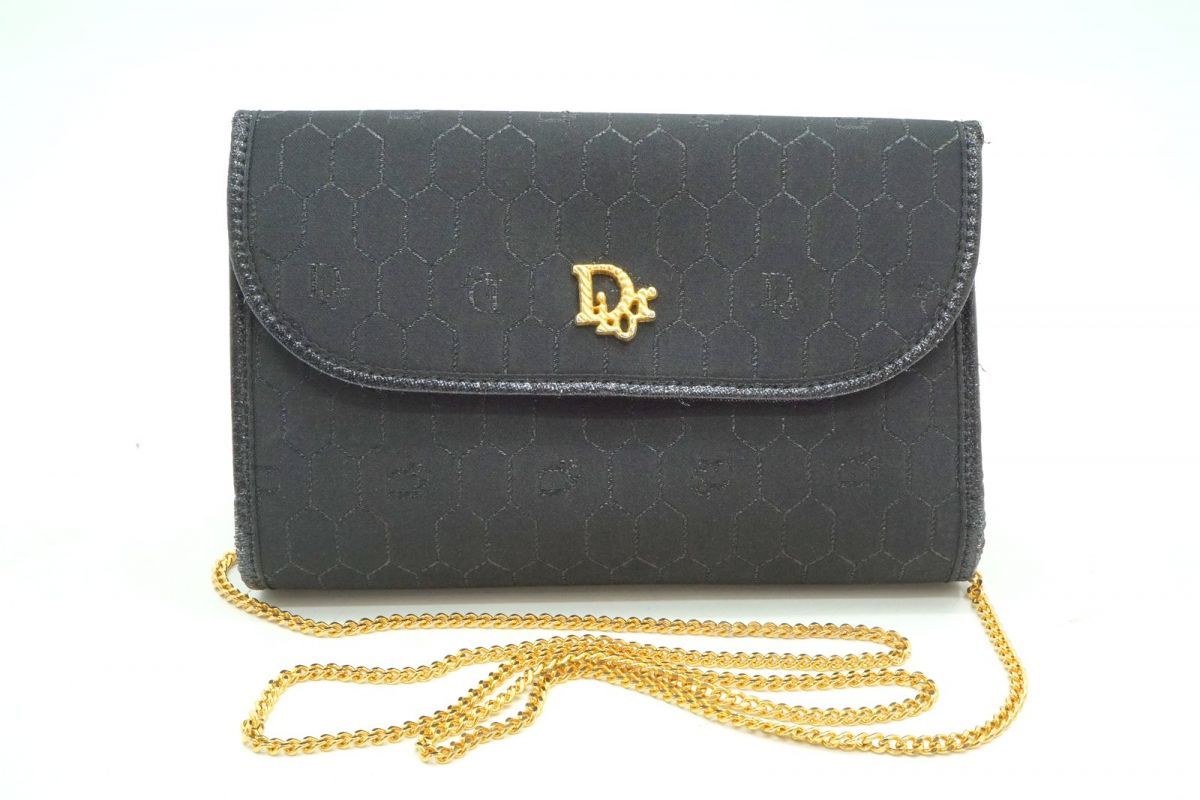 クリスチャンディオール ヴィンテージ チェーン ショルダーバッグ ハニカム ナイロンキャンバス 黒 ブラック Christian Dior 4626 h