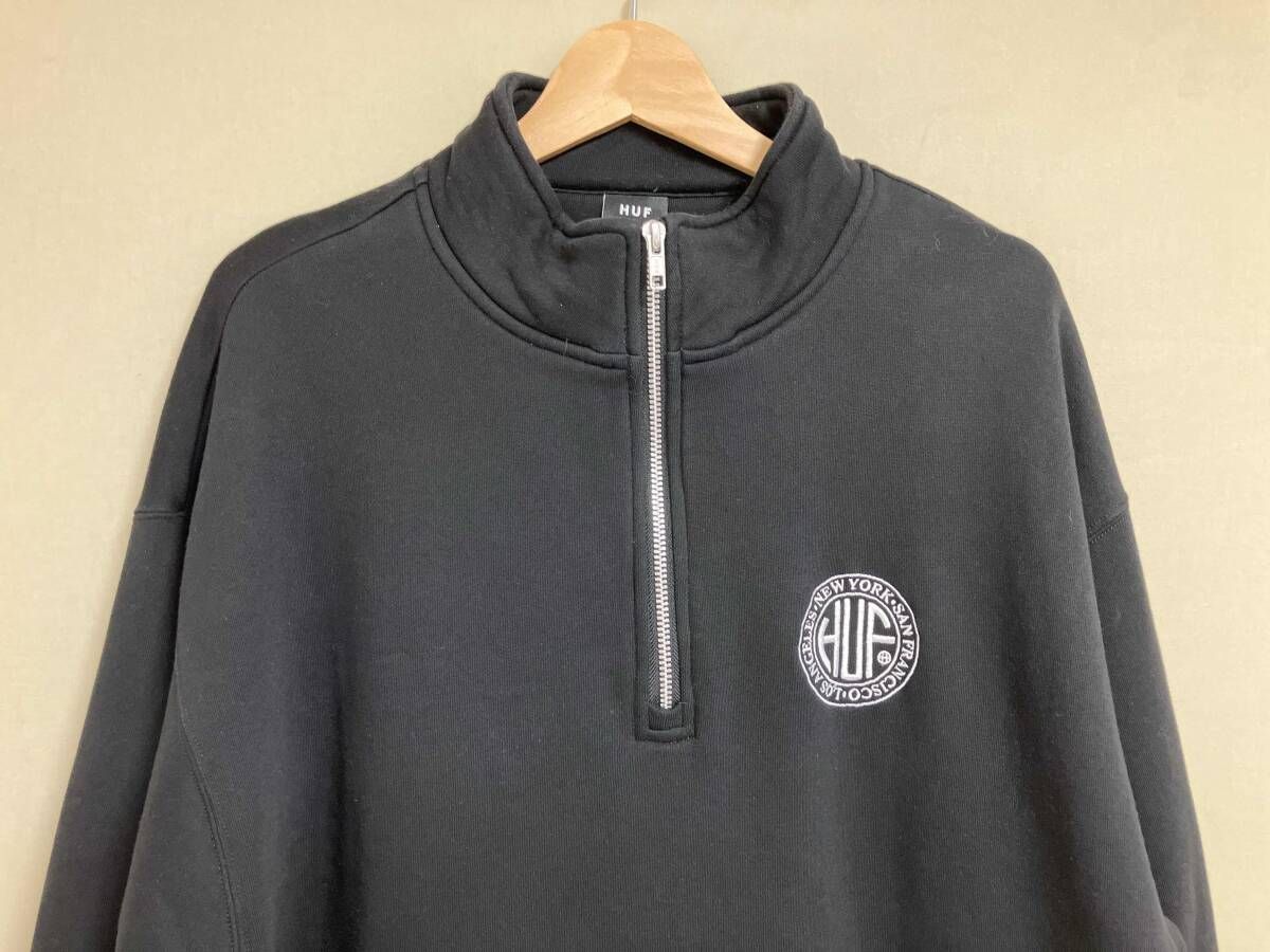 HUF ハフ スウェット ハーフジップ 刺繍ロゴ XLサイズ ブラック