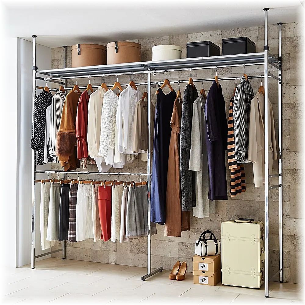 突っ張り クローゼット ダブルハンガーラック 標準サイズ S 収納 光沢 角パイプ ラック 棚 クローゼット収納ラック 収納棚 収納ケース ワードローブ 吊り下げ収納 大容量 オープンラック 北欧 押入れ つっぱり ツッパリ