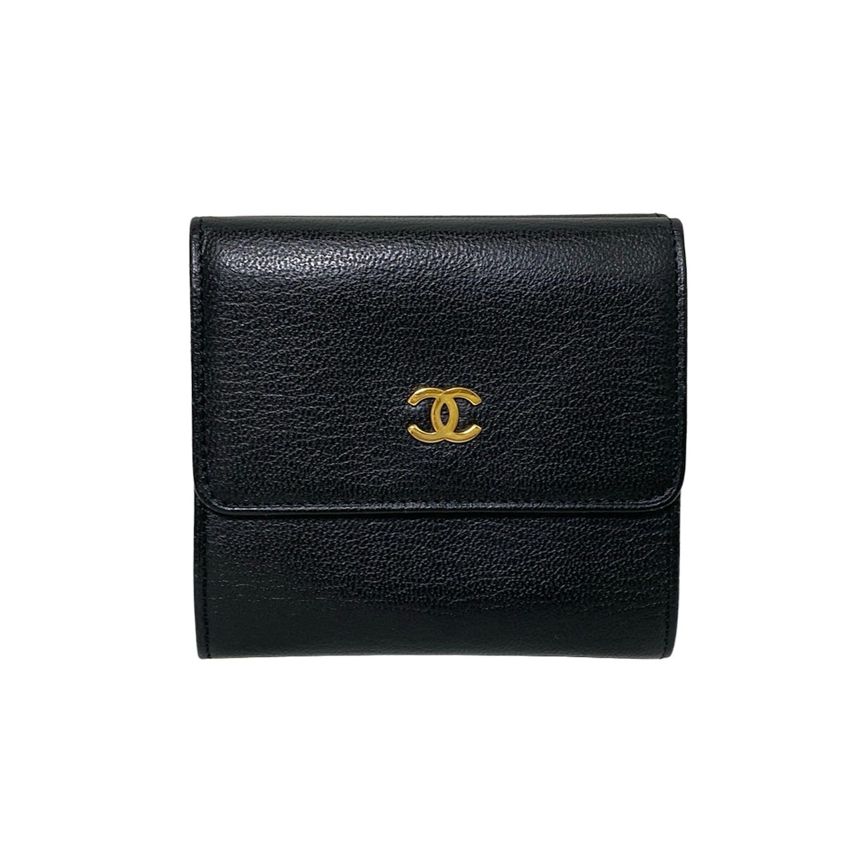CHANEL シャネル 3つ折り財布 黒 ゴールド金具 レザー