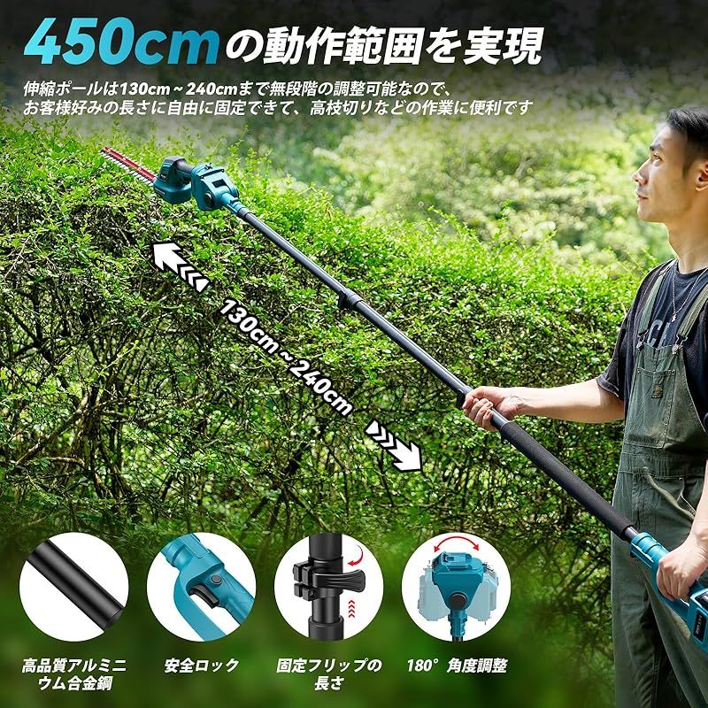 cm長さ無段階調節と0°～180°ヘッジ角度調節 150