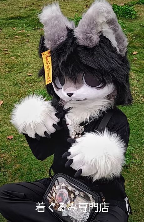 猫 ファースーツ マスク 着ぐるみセット グリーン ケモノ ファースーツ