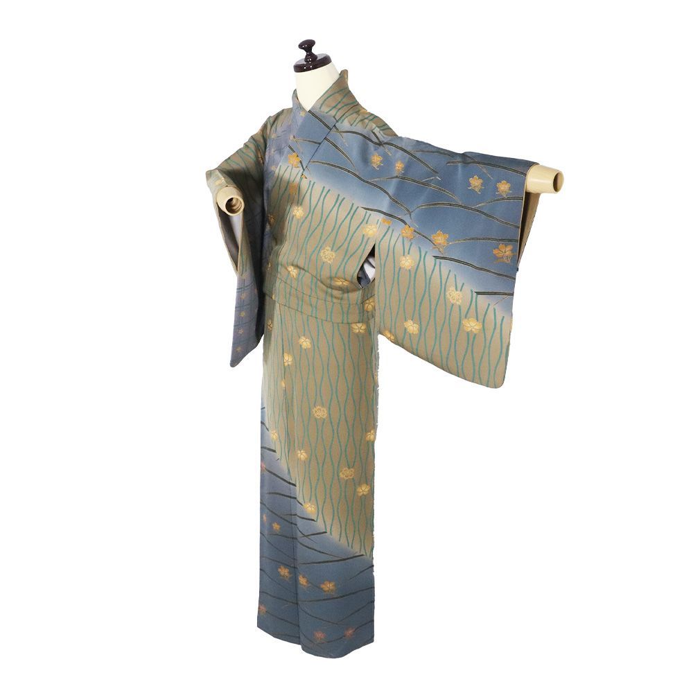 訪問着 袷 正絹 緑 薄緑 グレー紫 暈し 桜 梅 露草 立涌 格子縞 Lサイズ ki 31382 レディース シルク セミフォーマル