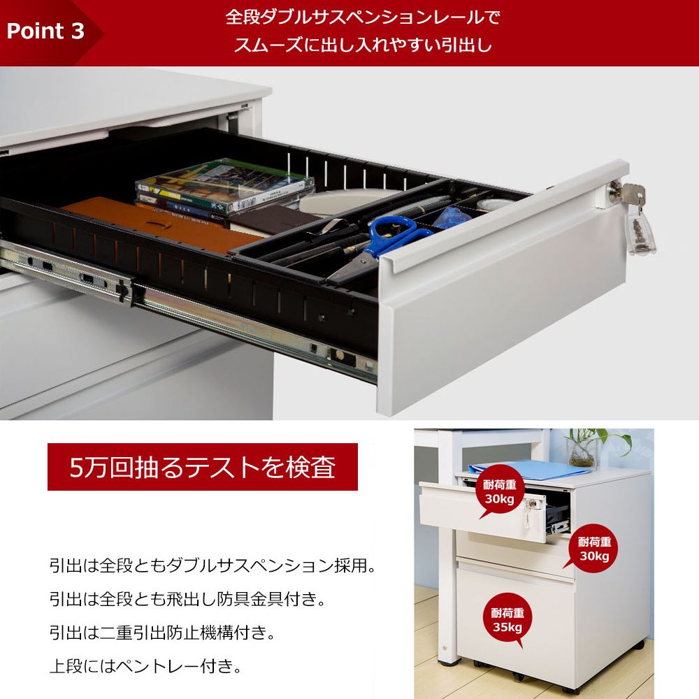 大容量オフィスワゴン ホワイト 3段 完成品 キャスター・鍵付き A4対応