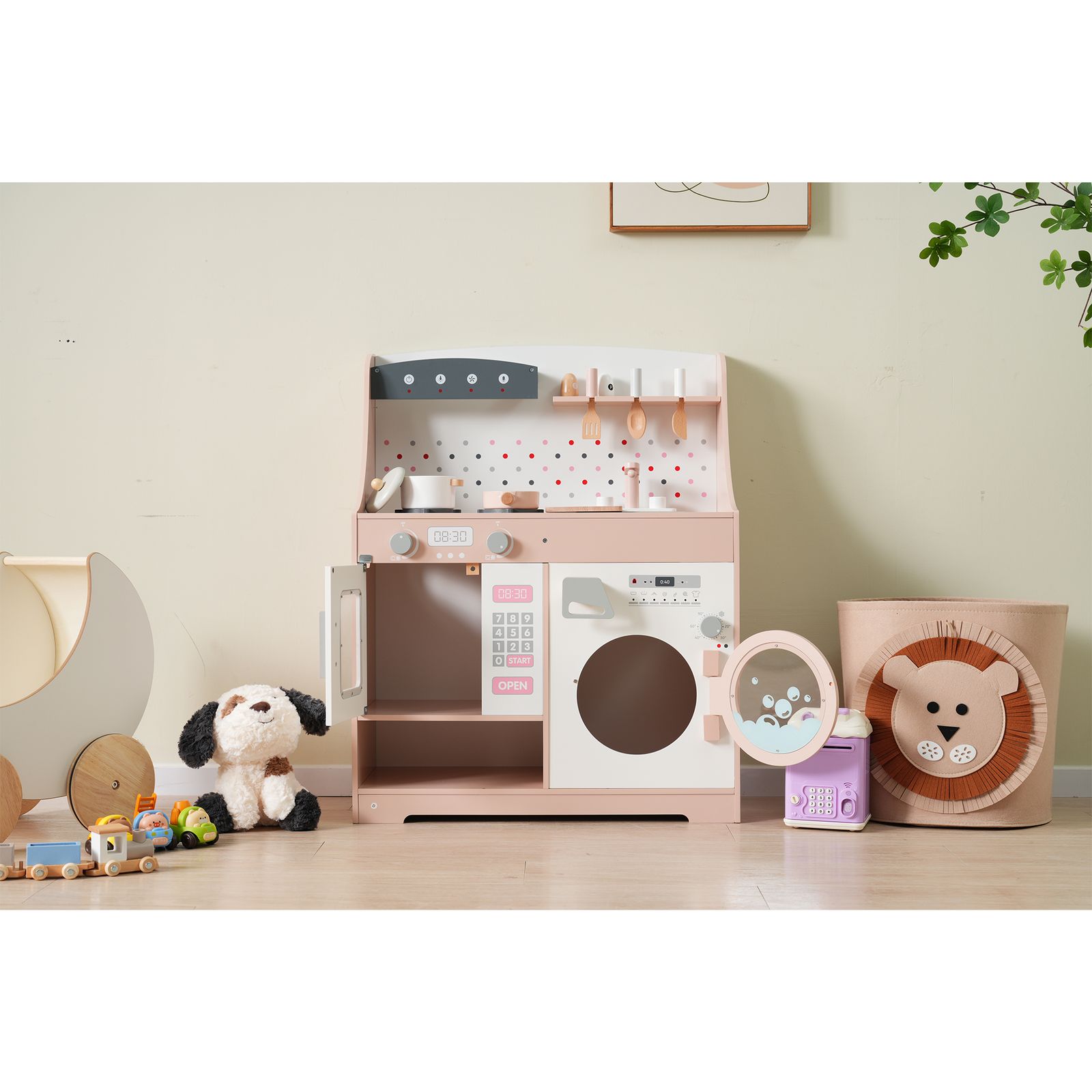 おままごと キッチン 木製 台所 洗濯機 調理器具付き 調味料 食材 知育玩具 おもちゃキッチン キッズ ベビー ピンク