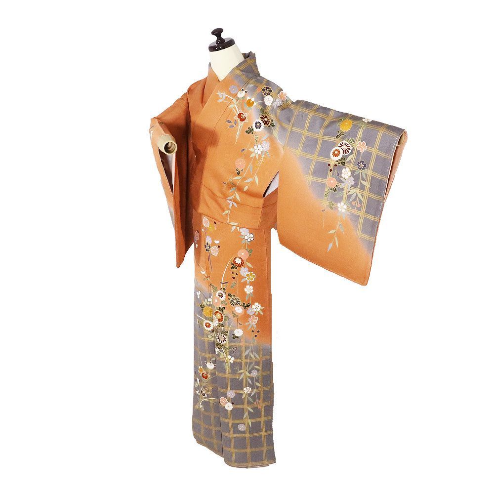 訪問着 袷 正絹 レンガ色 グレー 暈し 菊 梅 桜 橘 金箔 格子縞 Lサイズ ki 31383 レディース シルク フォーマル