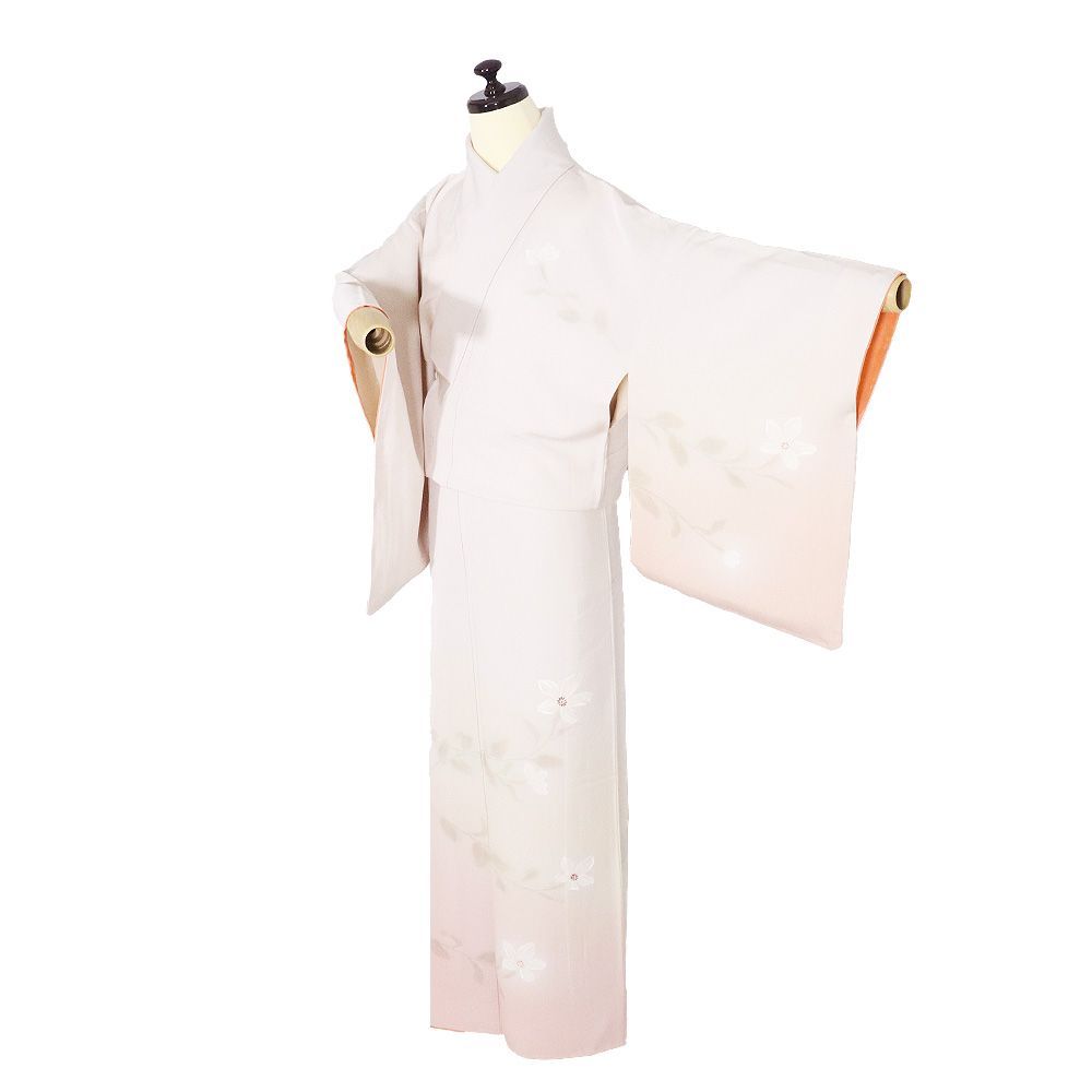 訪問着 袷 正絹 クリーム サーモンピンク ピンク 暈し 竹屋町刺 月下美人 濡れ描き Mサイズ ki 31384 レディース