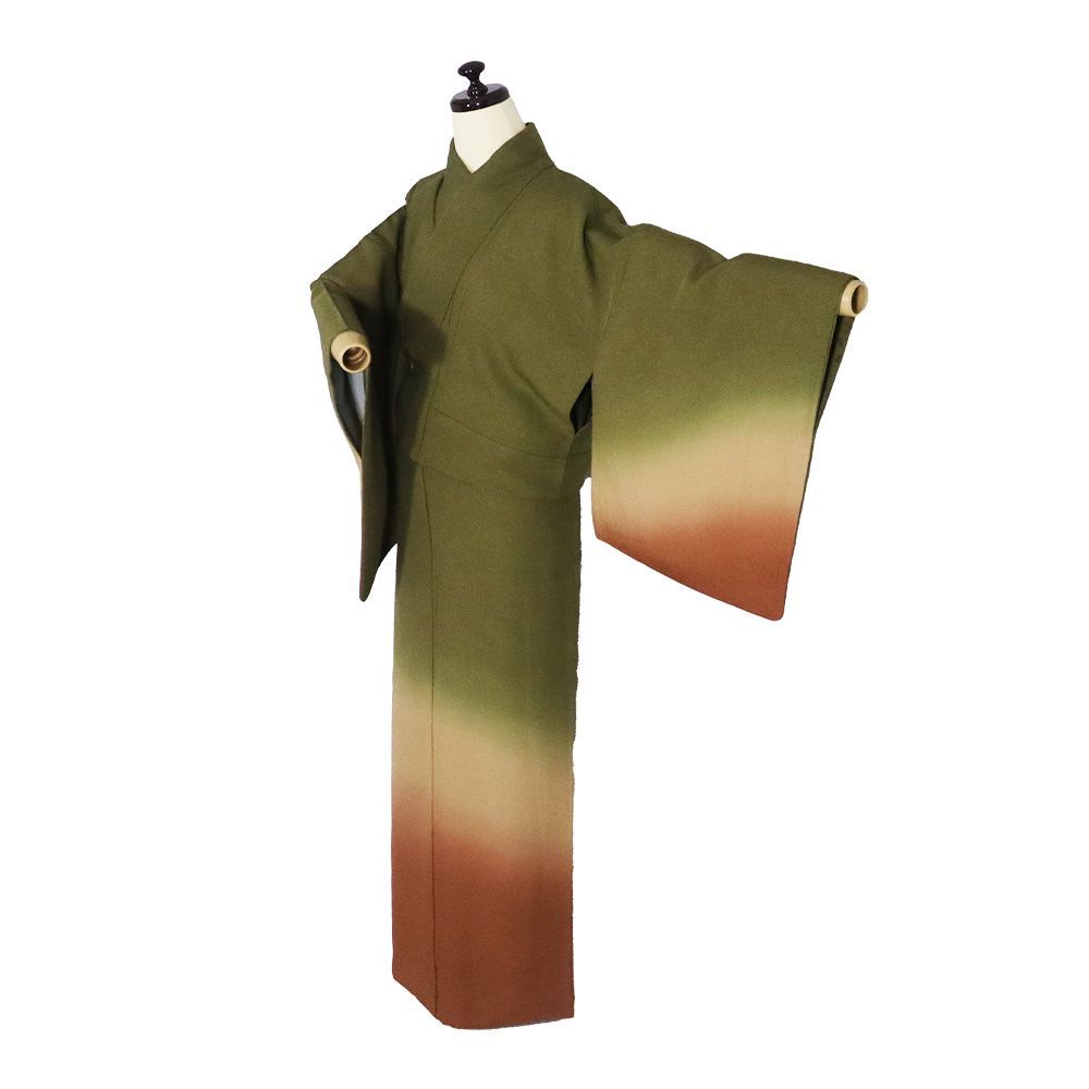 訪問着 袷 正絹 鮫小紋地 緑 ベージュ 赤茶紫 暈し Lサイズ ki 31386 レディース シルク ギフト フォーマル 30代 40代 50代