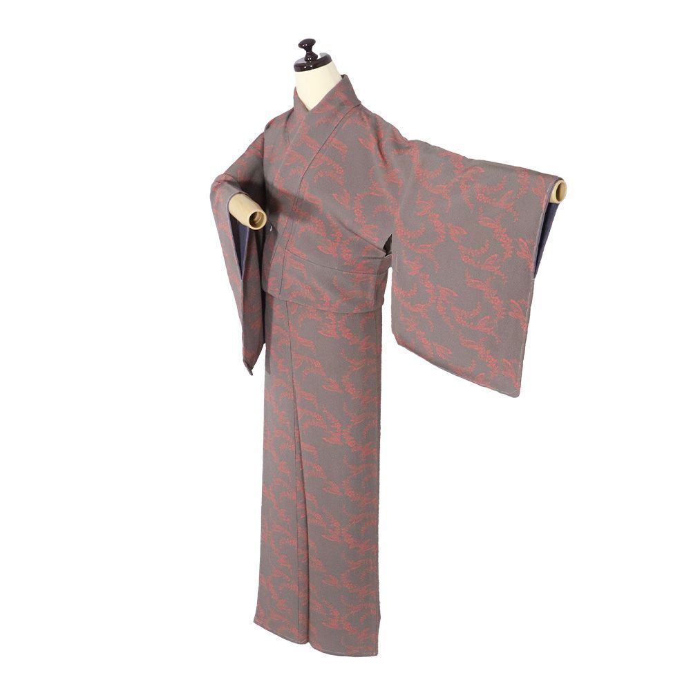 ジュサブロー 小紋 袷 正絹 オーク色 ピンク 桜 蝶 Lサイズ ki31387 美