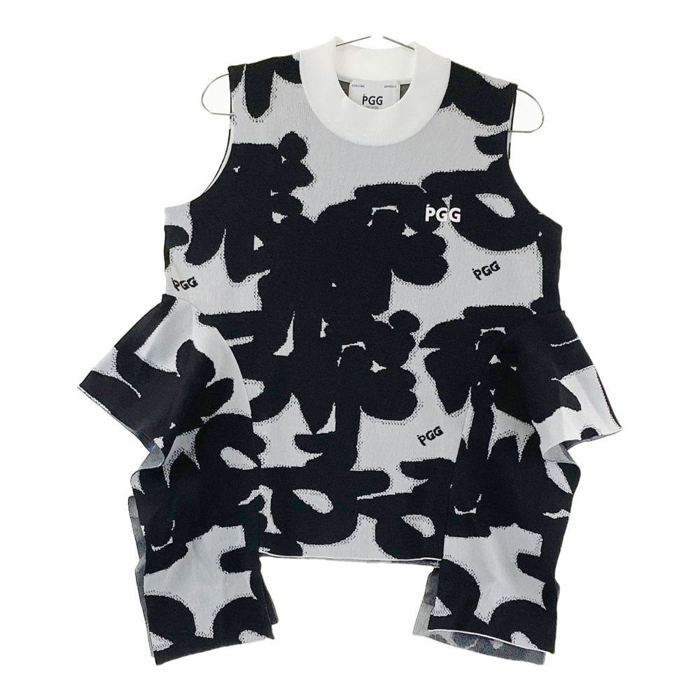 サイズ 1 PGG PEARLY GATES パーリーゲイツ モデル 変形 ノースリーブニットセーター 総柄 ブラック系 ゴルフウェア レディース ストスト