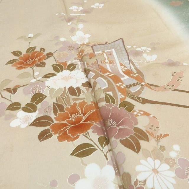  六花 RIKKA 正絹 作家物落款 菊 椿 鳳凰 御所車 訪問着 着物 A 4071 訪問着 付け下げ 着物