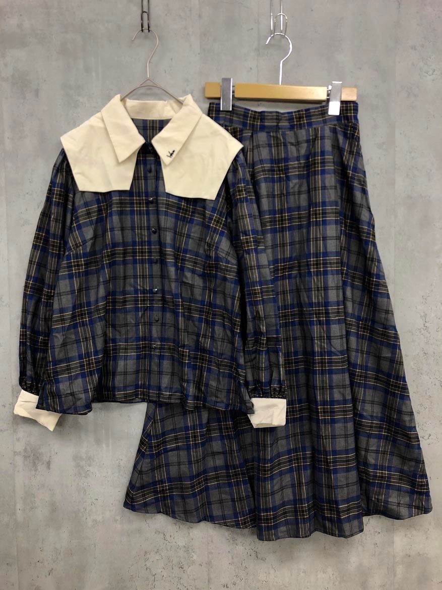 Idem イデム ダブル チェックブラウス＆フ チェックスカート セットアップ sizeF 青系 レディース