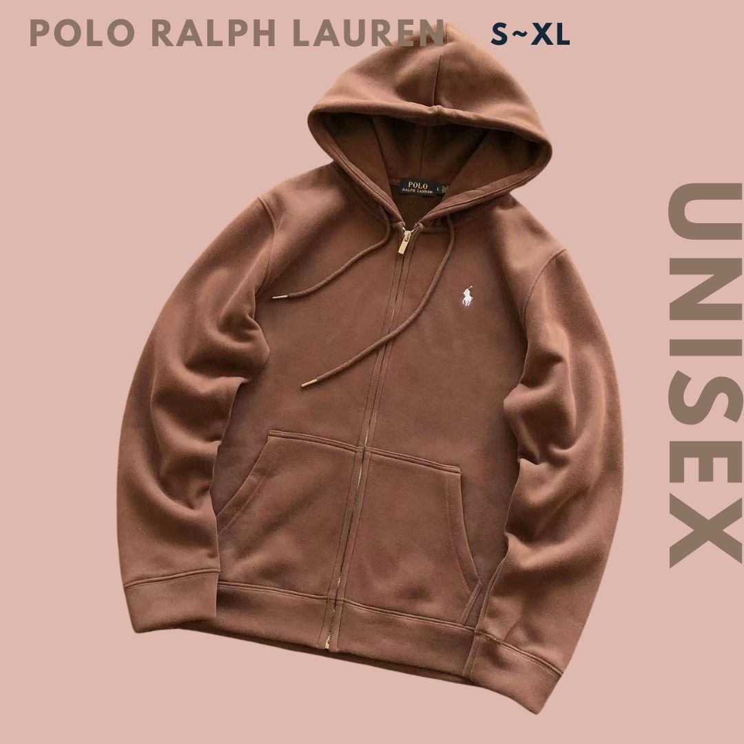 POLO Ralph Lauren ポロ ラルフローレン ロゴ長袖ジップアップフードパーカー フーディー ブラウン メンズ レディース ユニセックス 輸入