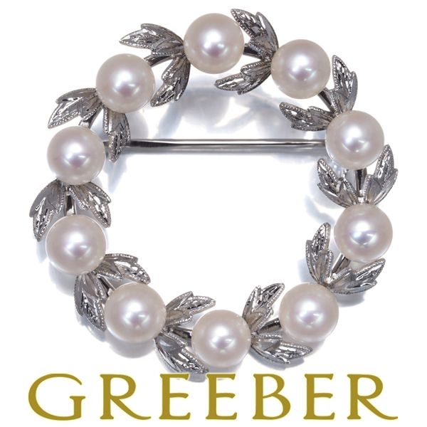 ミキモト ブローチ パール 真珠 5.6mm リーフ リース サークル