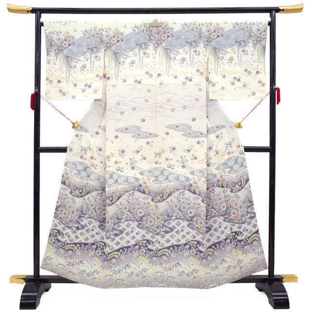 訪問着 着物 フォーマル リサイクル 正絹 袷 アイボリー 辻が花 染め柄 地紋 春 秋 冬 上 仕立て上がり 身丈158.5 裄丈66.5 Ｍサイズ みやがわ sb 16711