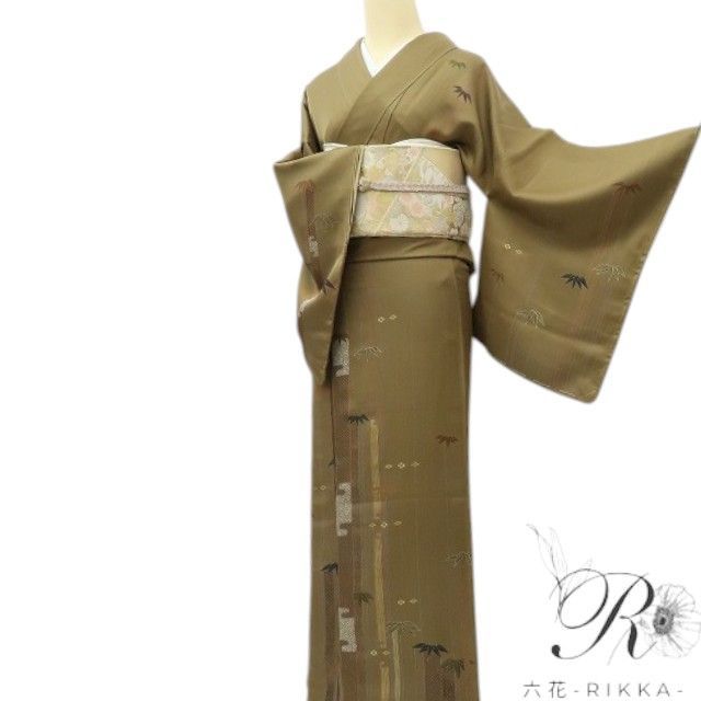 六花-RIKKA- 美品 正絹 ワイドサイズ 竹 手縫い仕立て 訪問着 着物