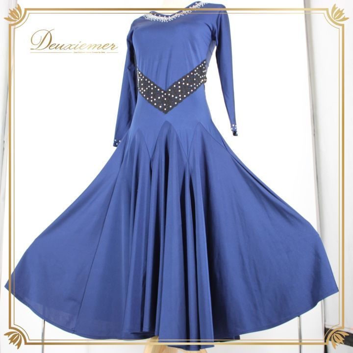 社交ダンス 衣装 ドレス ワンピース レッスンウェア パーティ衣装 オールシーズン 青 紺 ブルー系 ネイビー系 ブラック系 長袖 深い青色 ドレッシー フラットスカート 伸縮性 優雅さ ラインストーン付き フェミニン おしゃれ コスチューム