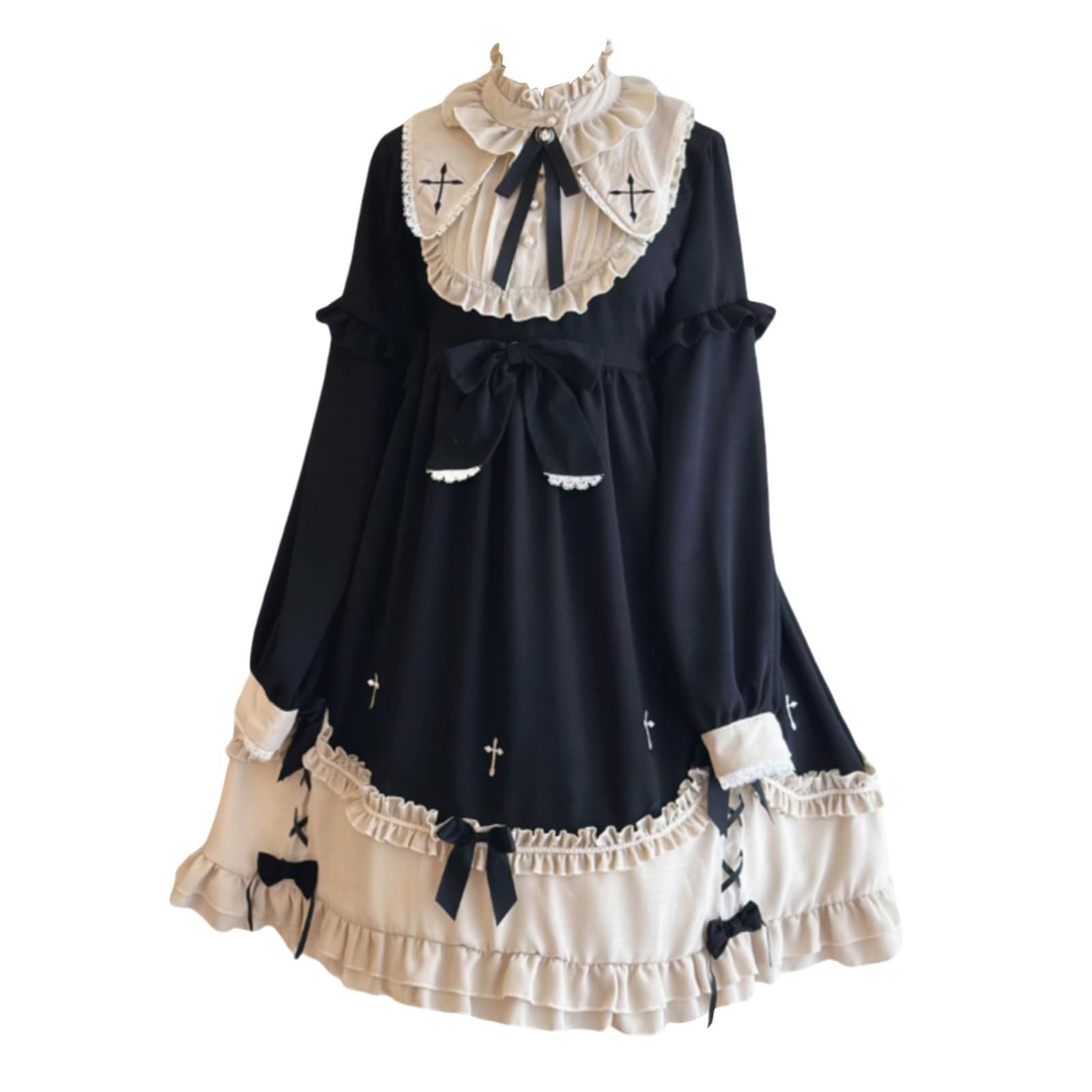 ロリータ風 ゴスロリ ゴシック ワンピース コスプレ衣装 長袖 大きいサイズ 黒 フリル リボン ゆめかわいい 森ガール 萌え