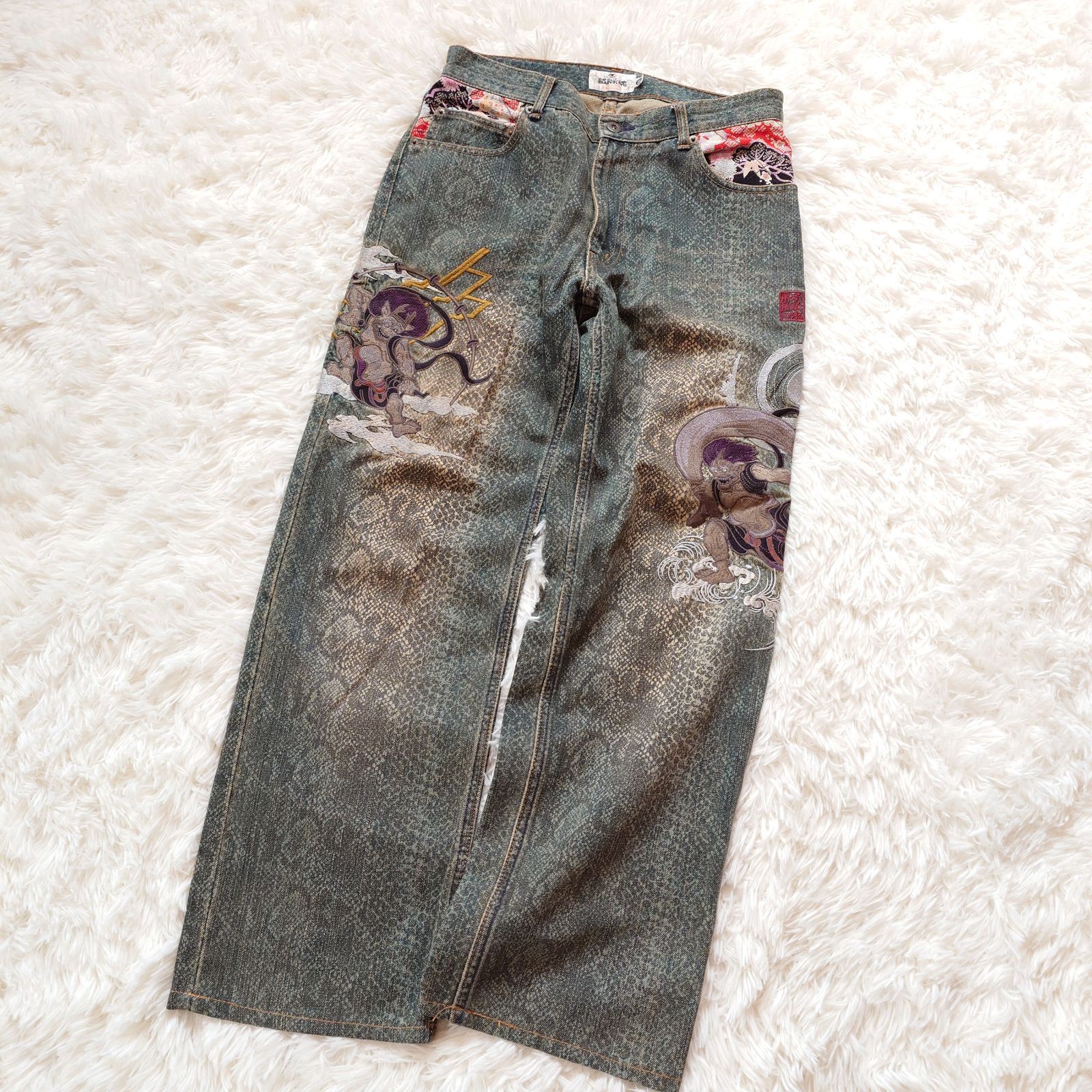 絡繰魂　風神　雷神　刺繍　デニム　バギー　ワイド　カラクリダマシイ　Y2K 希少 絡繰魂 カラクリダマシイ デニムパンツ ジーンズ デニム 風神
