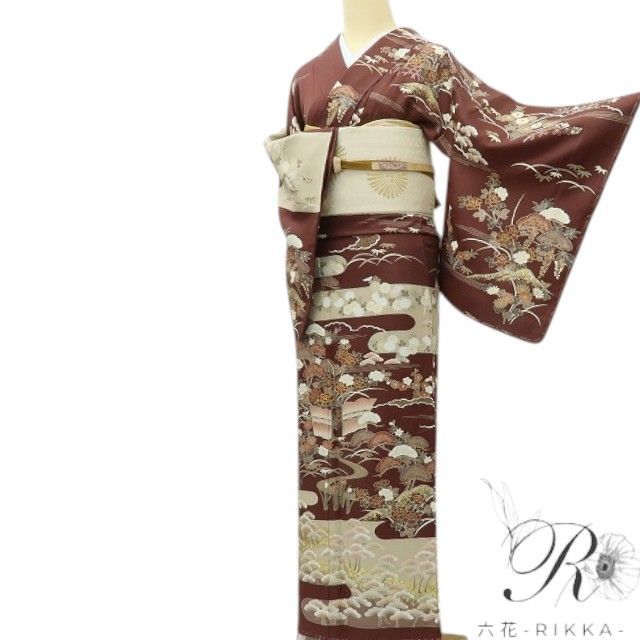 ☆専用☆美品 金駒刺繡 作家物落款 着物“菊や橘、松竹梅”訪問着 L-91 六花-RIKKA- 美品 正絹 金駒刺繡 松竹梅 橘 牡丹 茶屋辻 訪問着 着物