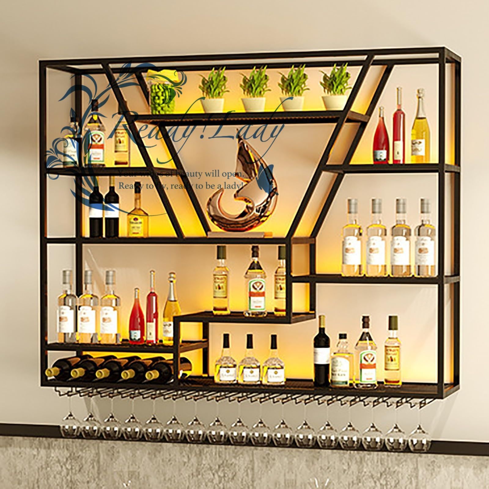 壁掛けワインラック LEDライト付き壁掛け大型ワインラック 酒 棚壁掛け式ワインラック 用壁掛けワインラック メタルワインホルダー 酒ラック壁掛け モダンな ボトルディスプレイシェルフ 壁用ワインホダー ウォールマウントワ 棚ガラスホルダー付き