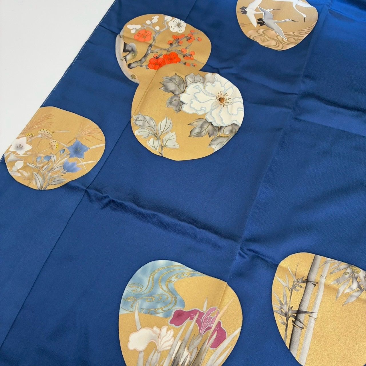 付下げ 金彩 丸に鶴 花柄 紋無し 紗綾形の地模様 訪問着 正絹 着物 MK