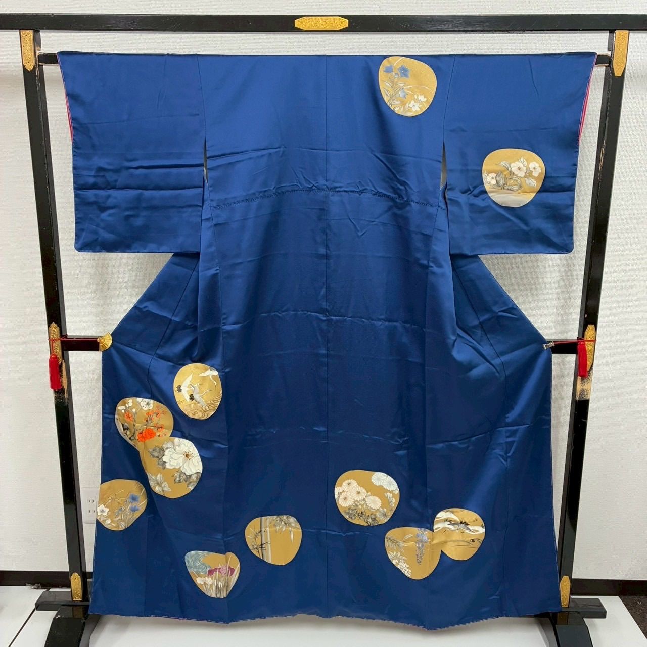 付下げ 金彩 丸に鶴 花柄 紋無し 紗綾形の地模様 訪問着 正絹 着物 MK