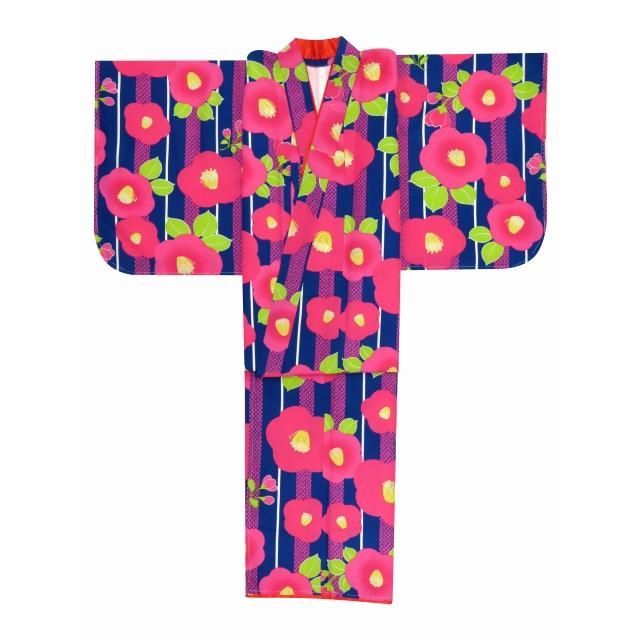 子供 小紋 袷 ジュニア 女の子 小紋の着物 青紺 椿