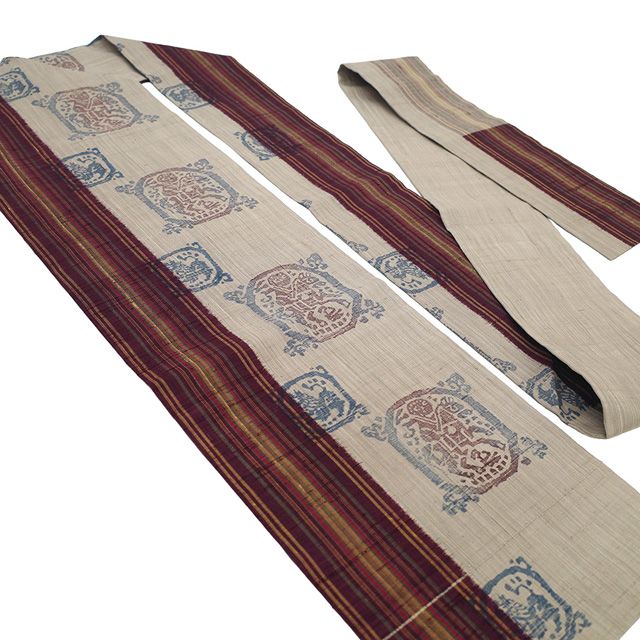  名古屋帯 リサイクル 京都 しょうざん 生紬 正絹 九寸 木版染 手織り 淡胡桃染色 赤紫 縞 狩猟文 カジュアル 春 秋 冬 なごや帯 九寸名古屋帯 紬 仕立て上がり みやがわ sb 54832 名古屋帯 帯