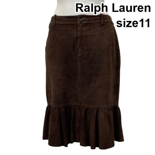 ラルフローレン Ralph Lauren スエード フリルスカート フ 膝丈 マーメイドライン 茶色 ラムレザー 11 L 11号 レディース S 5 Y 020