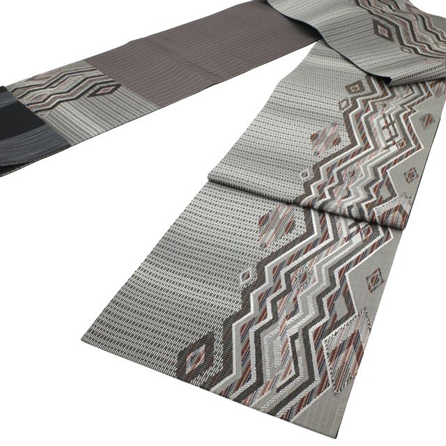 中古】 すごい値！ 袋帯 リサイクル 正絹 京都 西陣 グレー 菱文