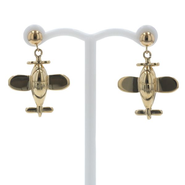 K 18 YG イエローゴールド ピアス スタッドピアス 飛行機 プロペラ機 スイング 乗り物 デザイン 仕上済 zz