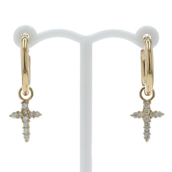 K 18 YG イエローゴールド ピアス ダイヤモンド 0.15 ct クロス 十字架 スイング フープ チャーム付き 仕上済 zz