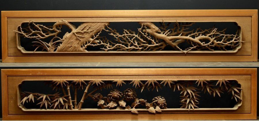 蔵A 5714 建具 彫刻欄間 井波 修鈴作 四君子 一対 古民家座敷