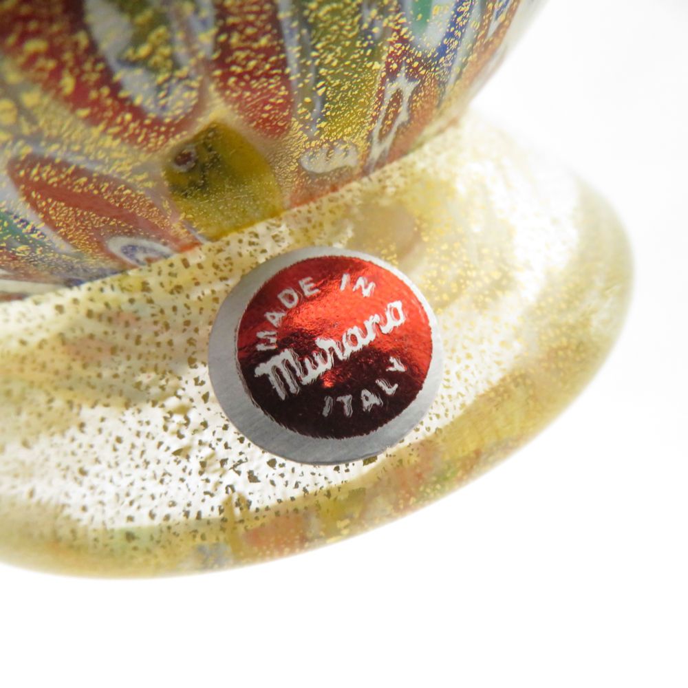 ムラーノ 金彩カラフル ミルフィオリ リボン付き 花瓶 高さ約12cm 美品 Murano Glass ムラーノ ガラス ミルフィオリ ベース フラワー