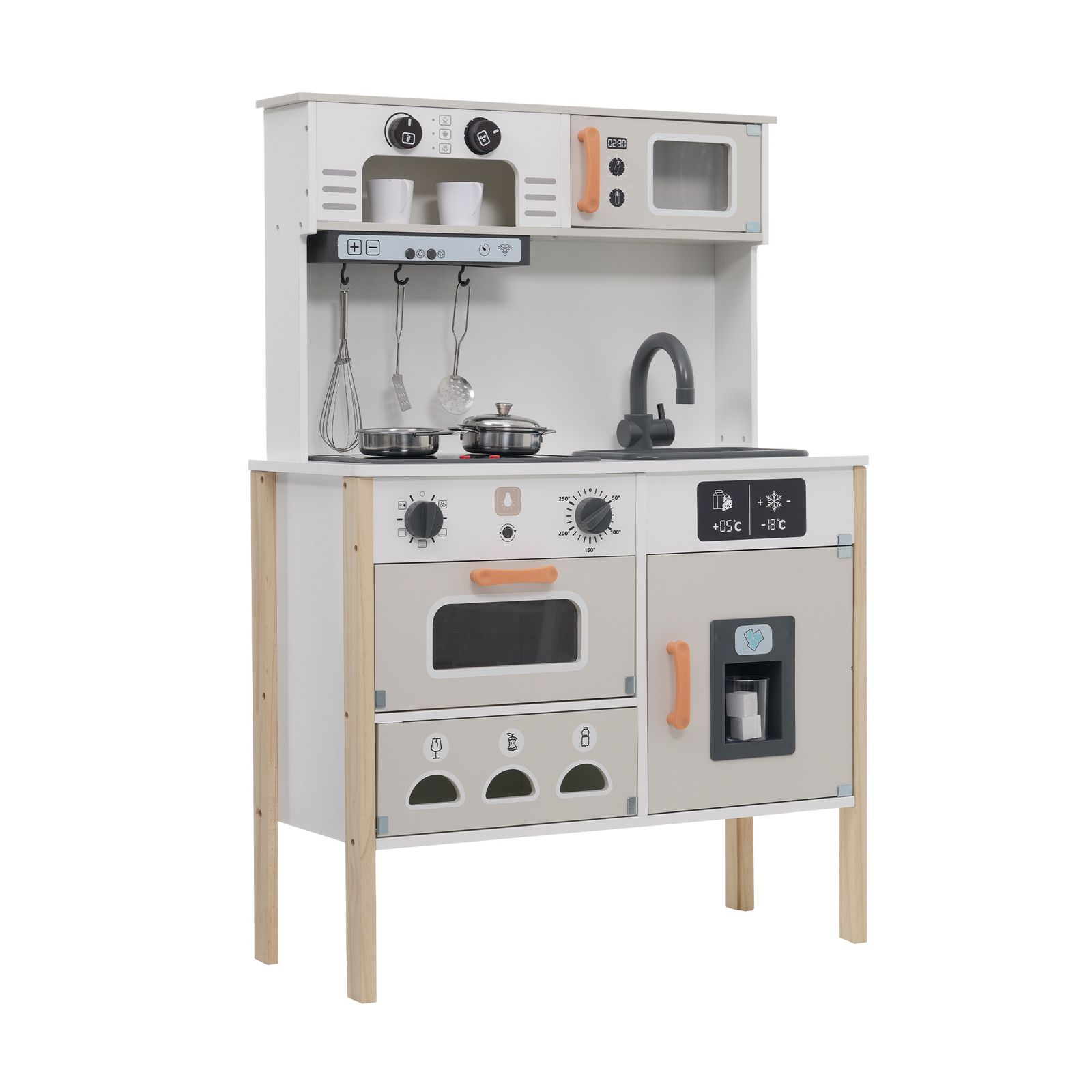 おままごと キッチン みたいピザ付き 泡立て器 木製 コーヒーメーカー 台所 調理器具付き 知育玩具 コンロ 冷蔵庫 製氷機 電子レンジ 家事 おもちゃ キッズ ベビー プレゼント ホワイト