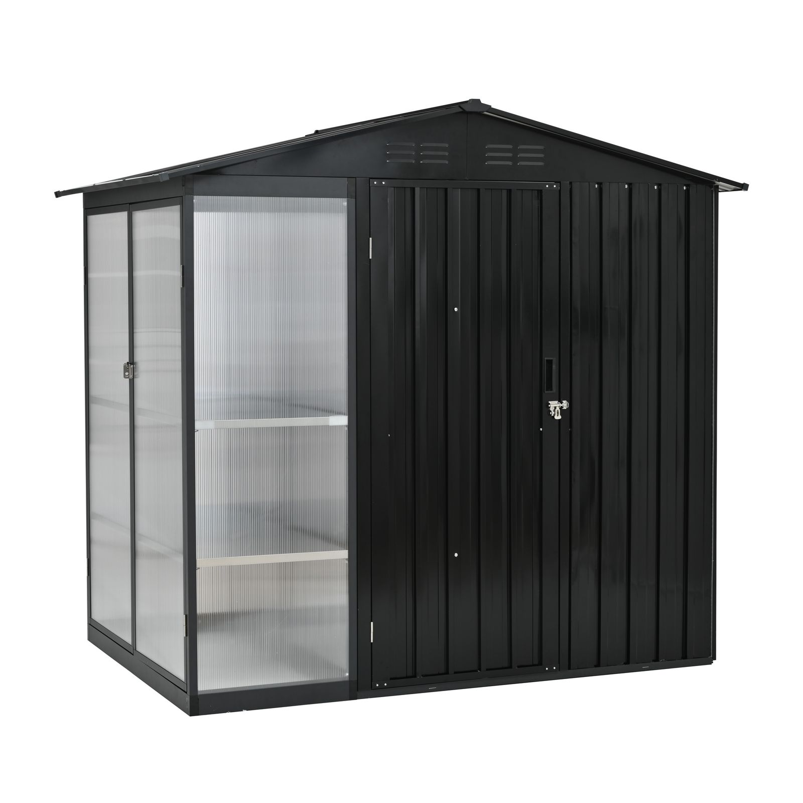 温室付き 物置 屋外 スチール 可動棚 倉庫 戸外収納庫 W 180 D 121 H cm 物置き おしゃれ 大型 収納庫 屋外物置 防さび ベランダ 防水 ドア スチール物置 屋外収納 ガーデニング 庭 ブラック