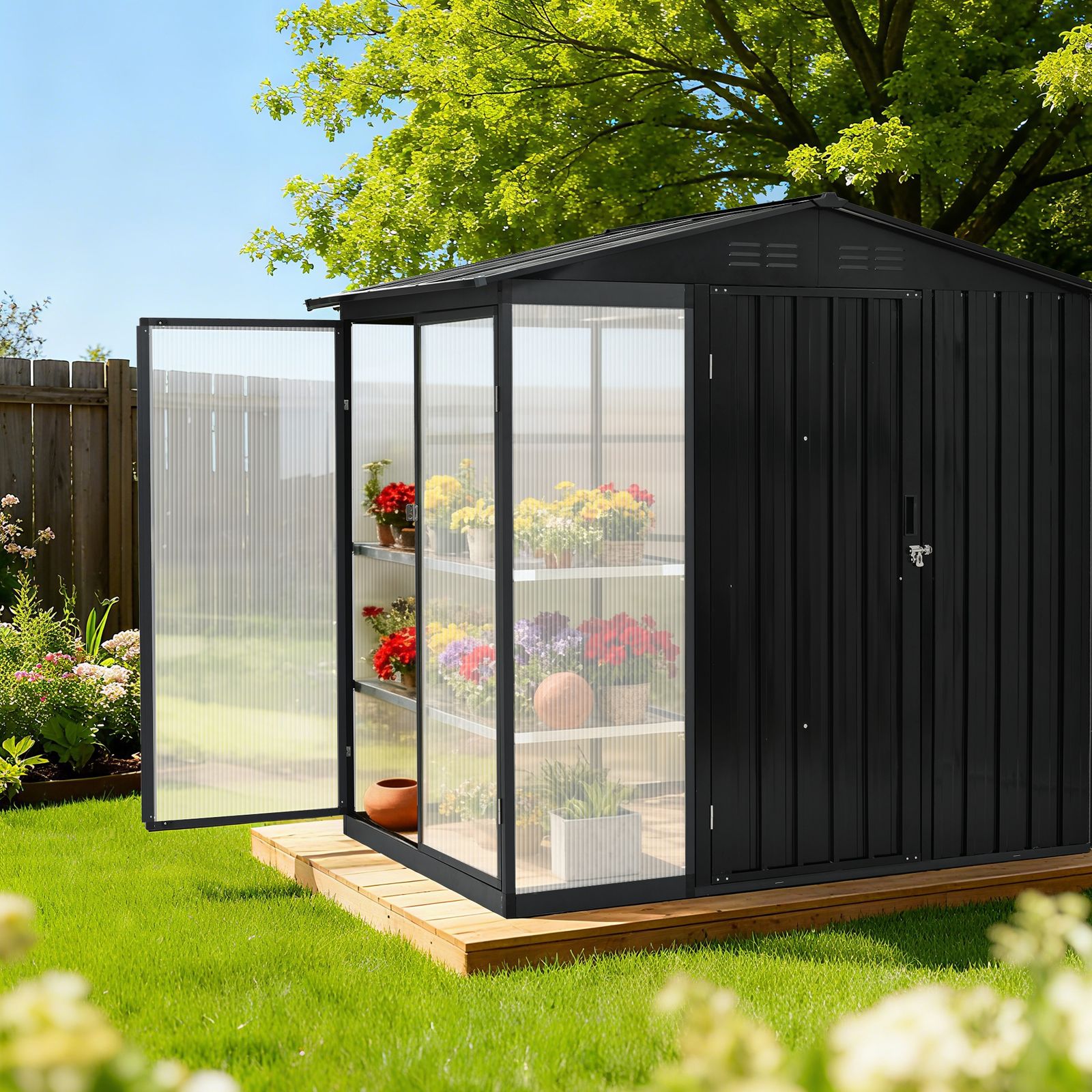 温室付き 物置 屋外 スチール 可動棚 倉庫 戸外収納庫 W 180 D 121 H cm 物置き おしゃれ 大型 収納庫 屋外物置 防さび ベランダ 防水 ドア スチール物置 屋外収納 ガーデニング 庭 ブラック