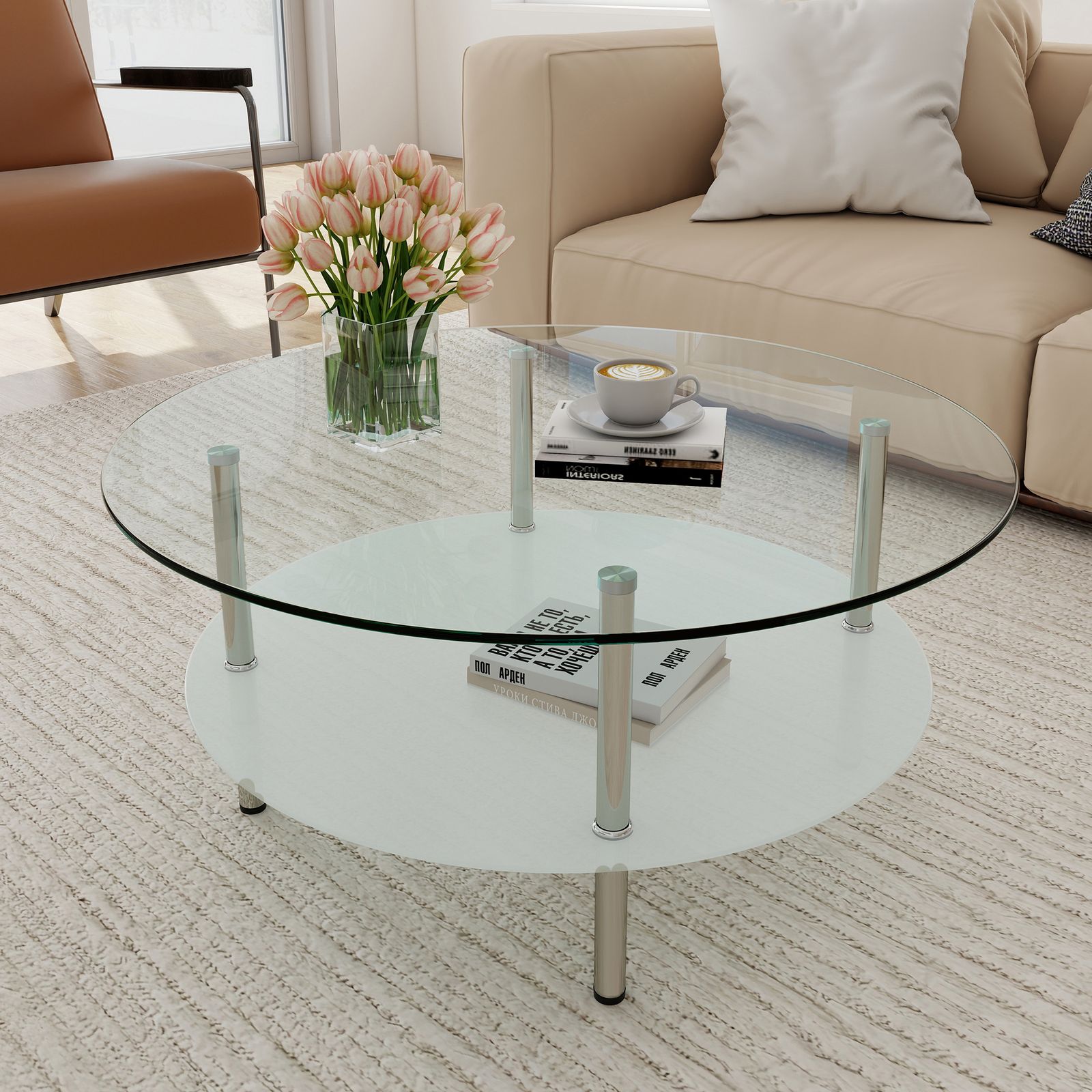 数量限定セール」 二段ラウンドコーヒーテーブル 強化ガラス天板+