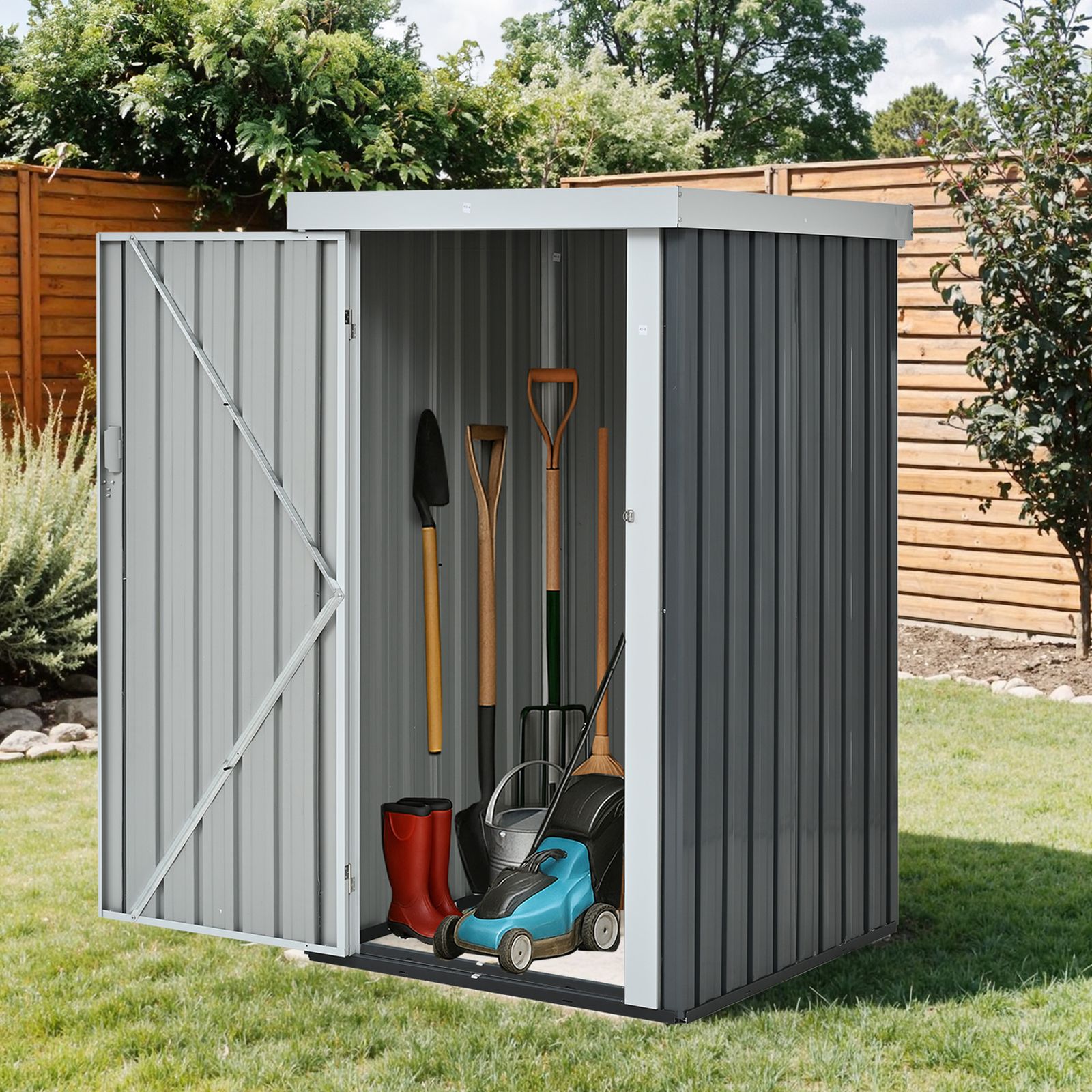 数量 物置 屋外 スチール 倉庫 戸外収納庫 L 96 W 94 H 165 cm 物置き おしゃれ 大型 収納庫 屋外物置 防さび ベランダ 防水 ドア 引戸 スチール物置 屋外収納 ロック付き ガーデニング 庭 グレー